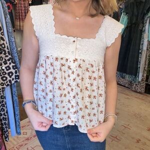 SONMER- red floral lace block printed cotton top NWT